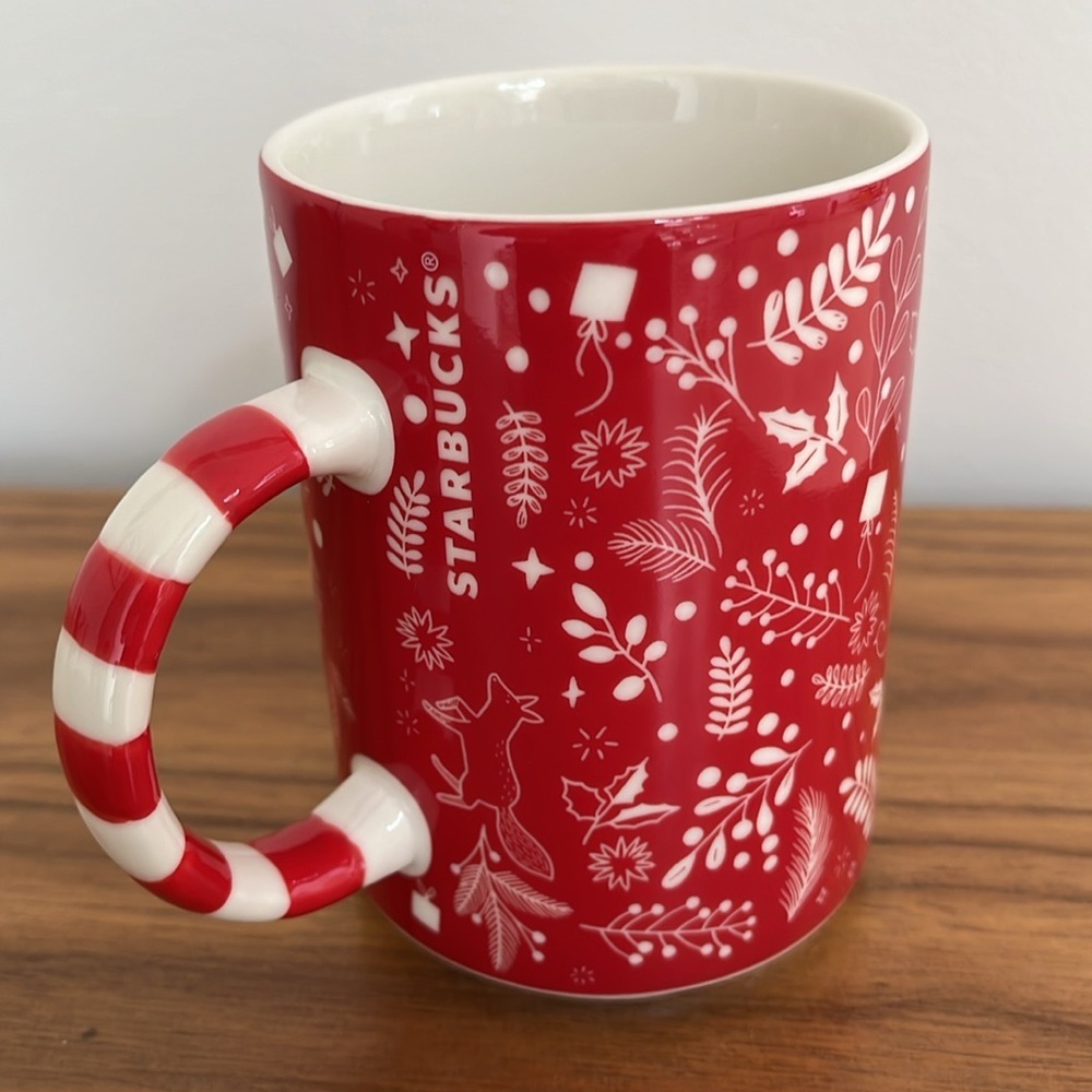STARBUCKS 2018 Holiday Ceramic Mug Red White Forest Animals Candy Cane Handle